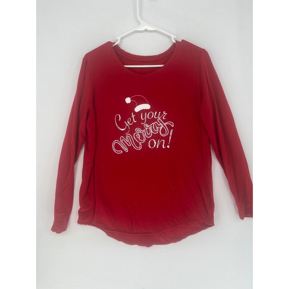Red Christmas Graphic Long Sleeve Top Get Your Merry On Santa Hat Curved Hem